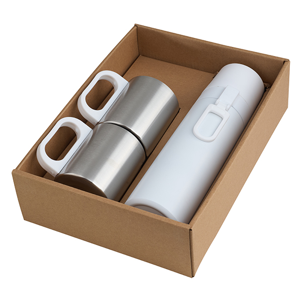 סט בקבוק תרמי מתכת עם שני ספלים לבן