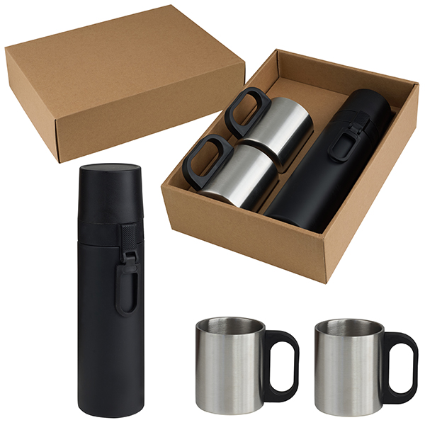 סט בקבוק תרמי מתכת עם שני ספלים שחור